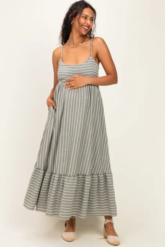 Olive/ Off White Striped Sleeveless Ruffle Hem Maternity Maxi Dress made by Pinkblush