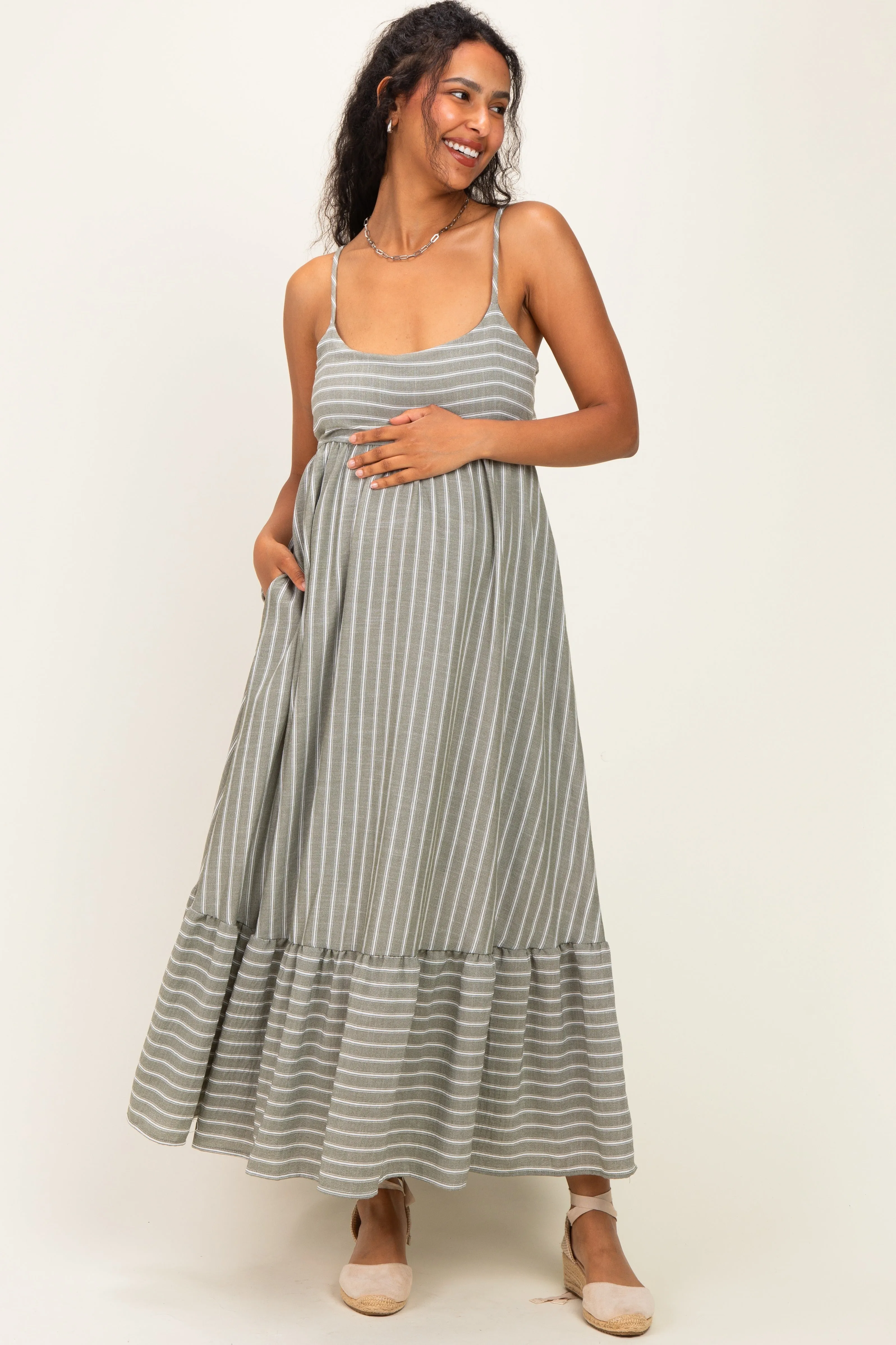 Olive/ Off White Striped Sleeveless Ruffle Hem Maternity Maxi Dress sold by Pinkblush