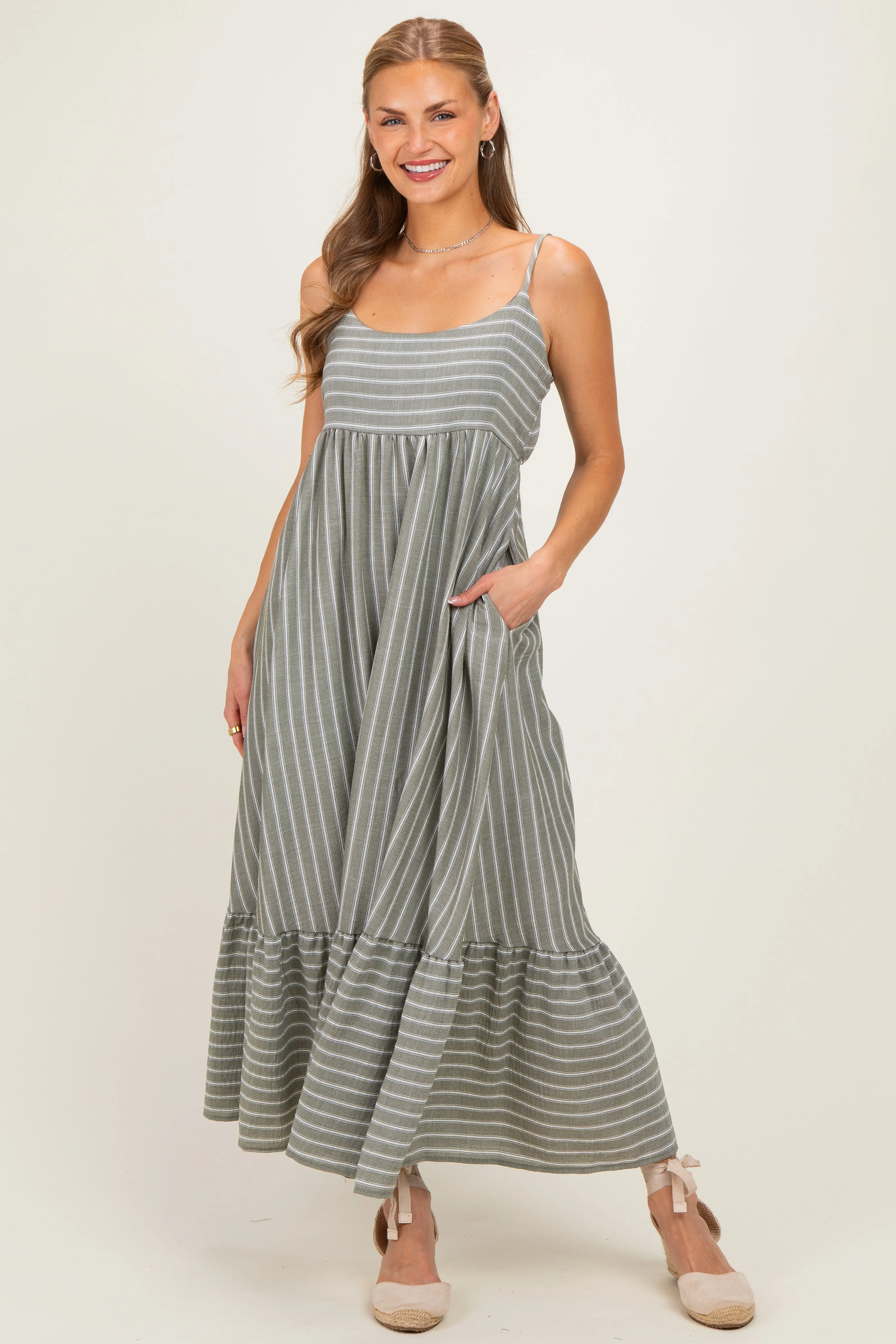 Olive/ Off White Striped Sleeveless Ruffle Hem Maternity Maxi Dress sold by Pinkblush product image thumbnail 5