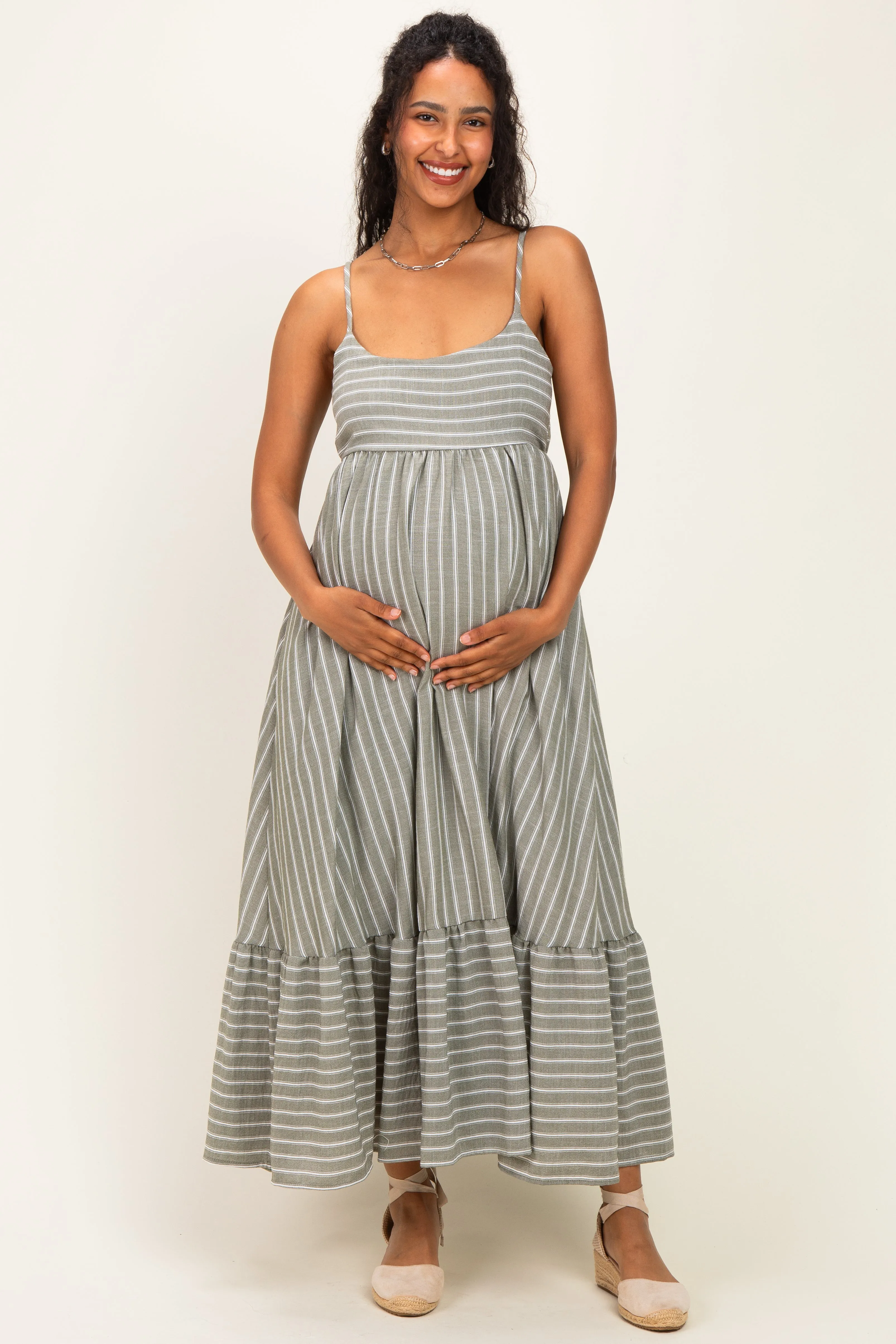 Olive/ Off White Striped Sleeveless Ruffle Hem Maternity Maxi Dress sold by Pinkblush product image thumbnail 2