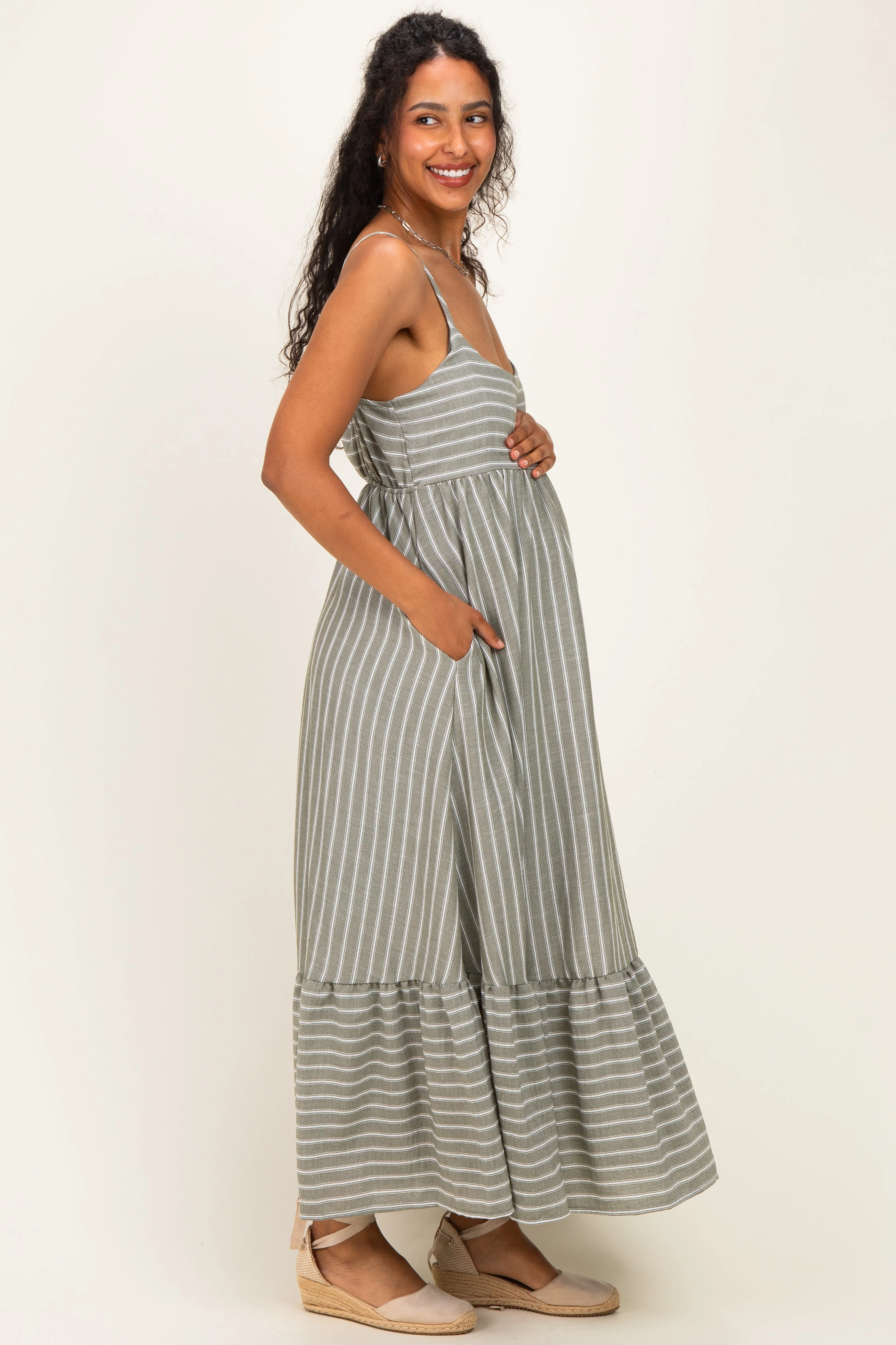 Olive/ Off White Striped Sleeveless Ruffle Hem Maternity Maxi Dress sold by Pinkblush product image thumbnail 3