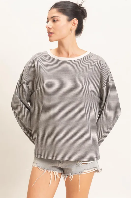 Black Striped Boat Neck Long Sleeve Top made by HYFVE