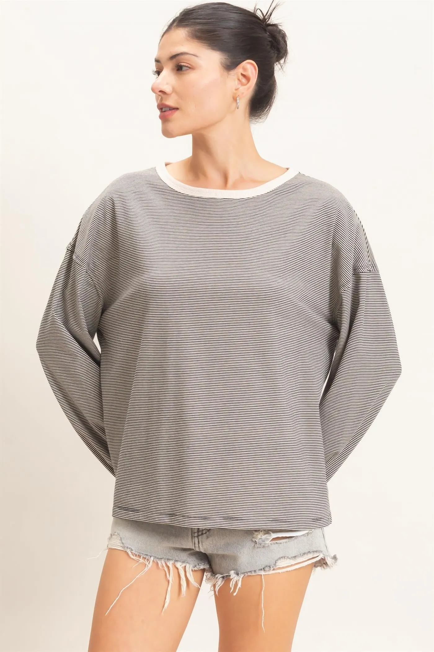 Black Striped Boat Neck Long Sleeve Top sold by Pinkblush