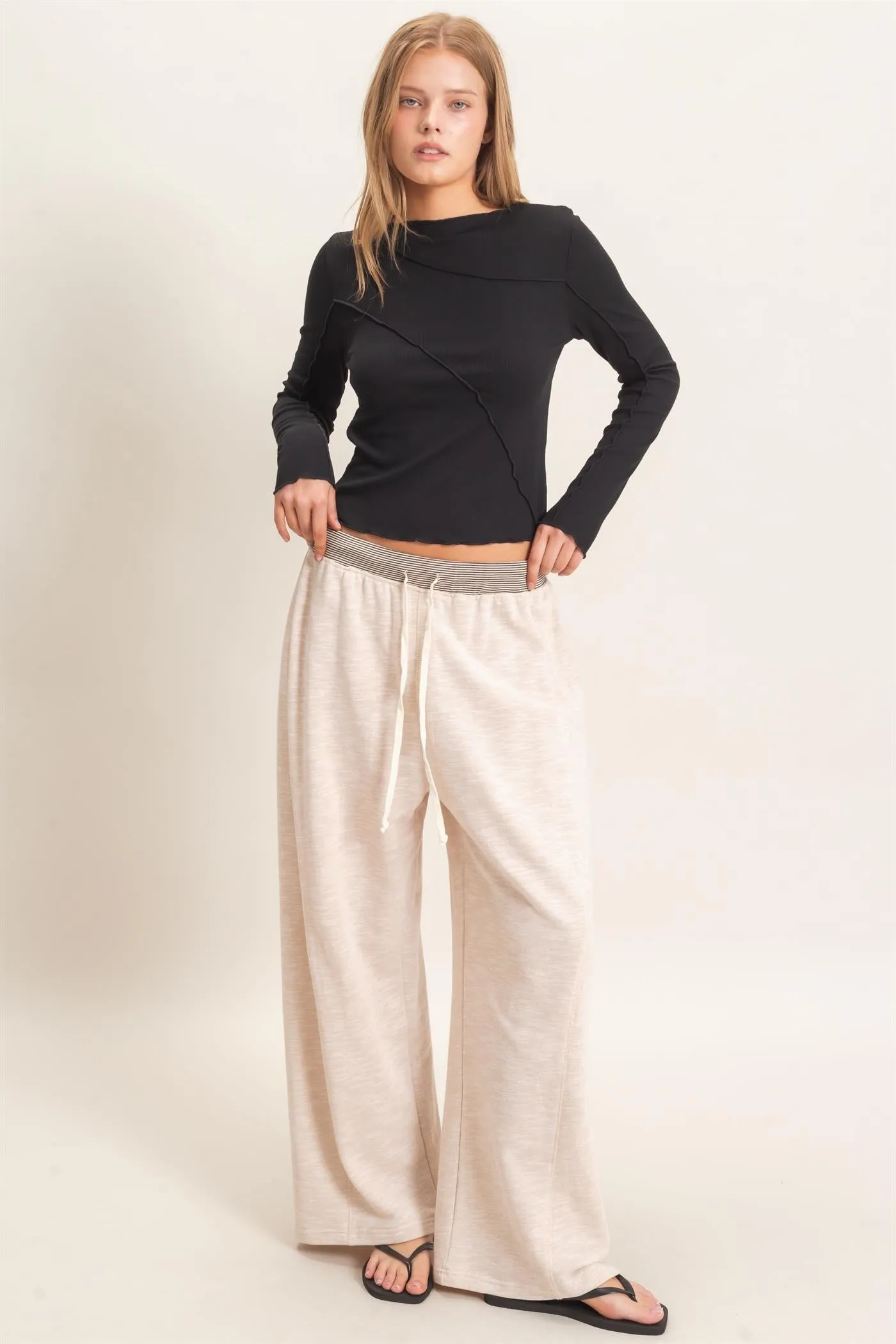 Oatmeal Contrast Waist Drawstring Pants sold by Pinkblush
