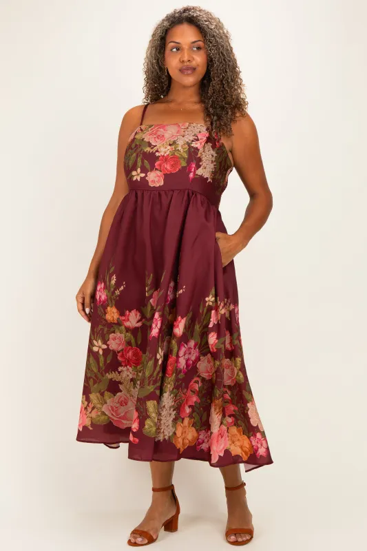 Burgundy Floral Thin Strap Plus Maxi Dress made by Flying Tomato