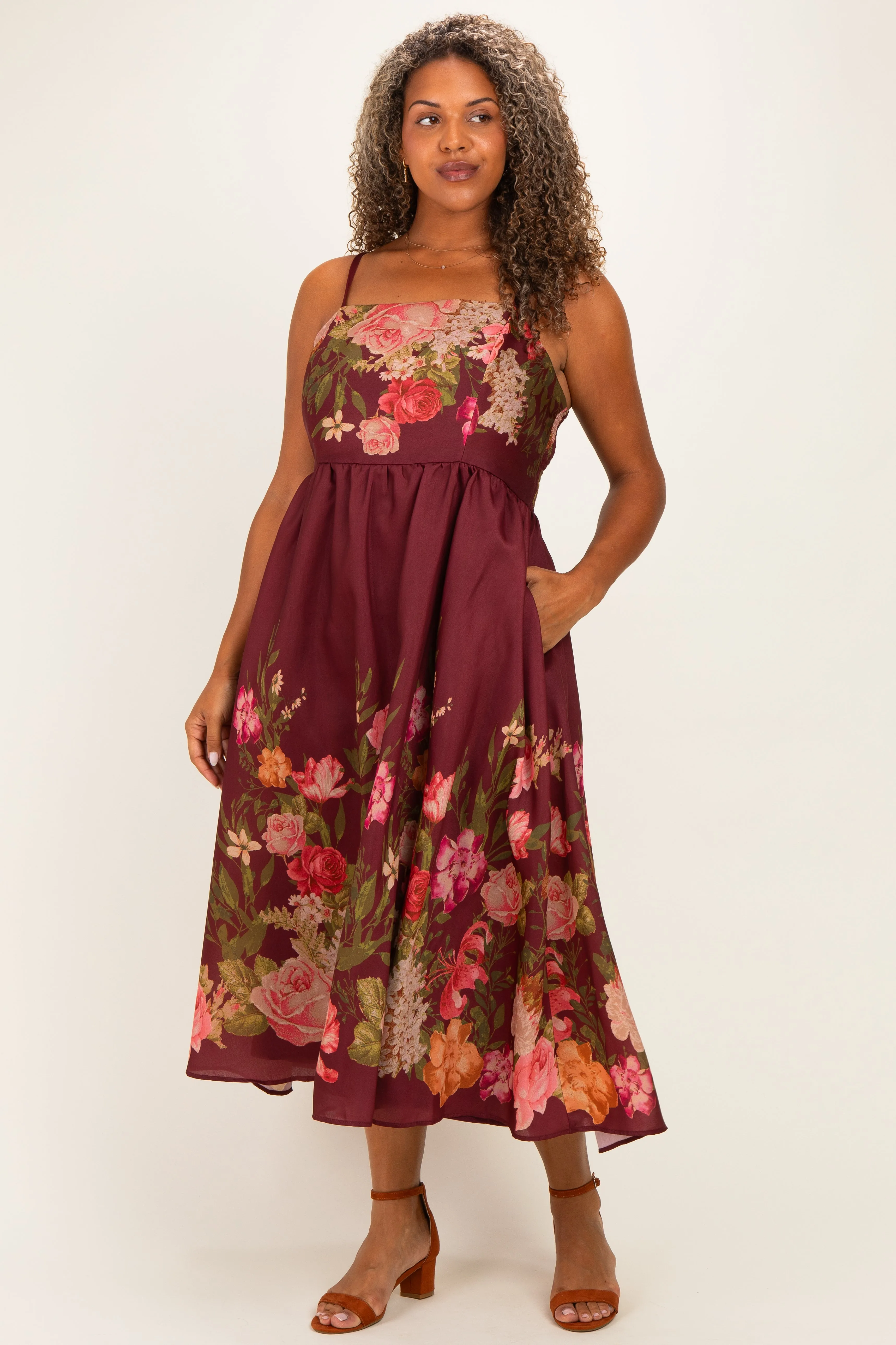 Burgundy Floral Thin Strap Plus Maxi Dress sold by Pinkblush
