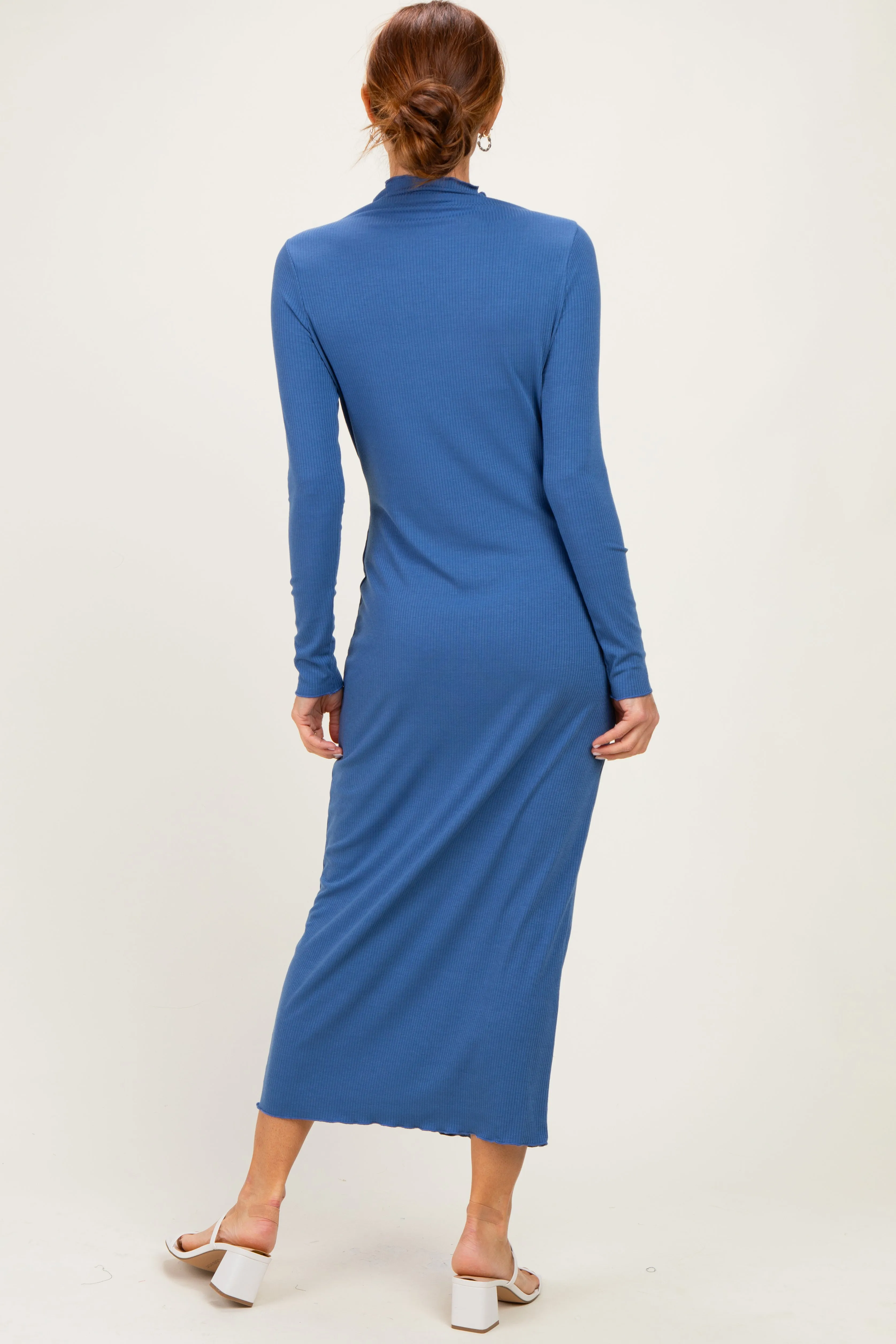 Navy Ruffle Mock Neck Long Sleeve Midi Dress sold by Pinkblush product image thumbnail 3