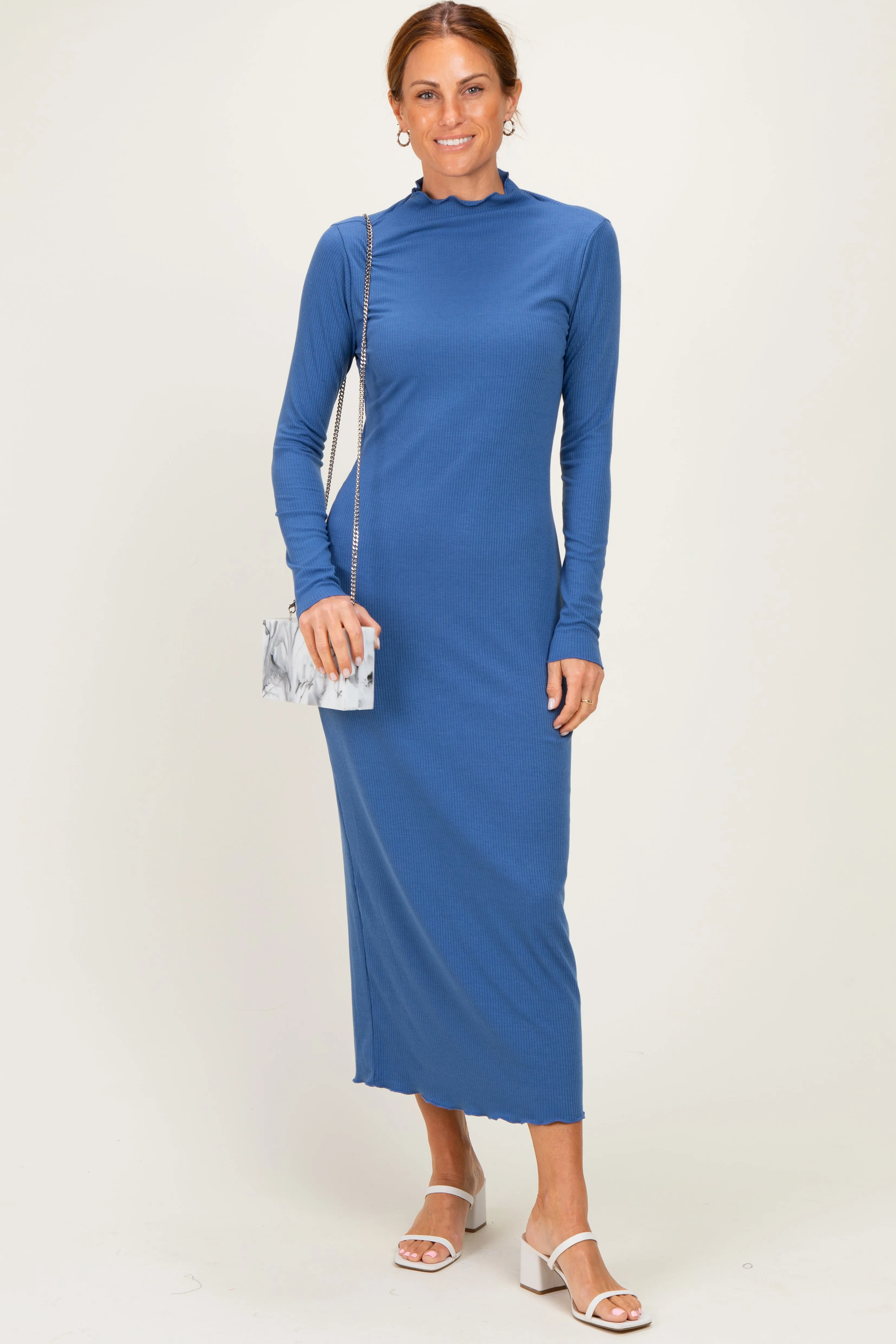 Navy Ruffle Mock Neck Long Sleeve Midi Dress sold by Pinkblush