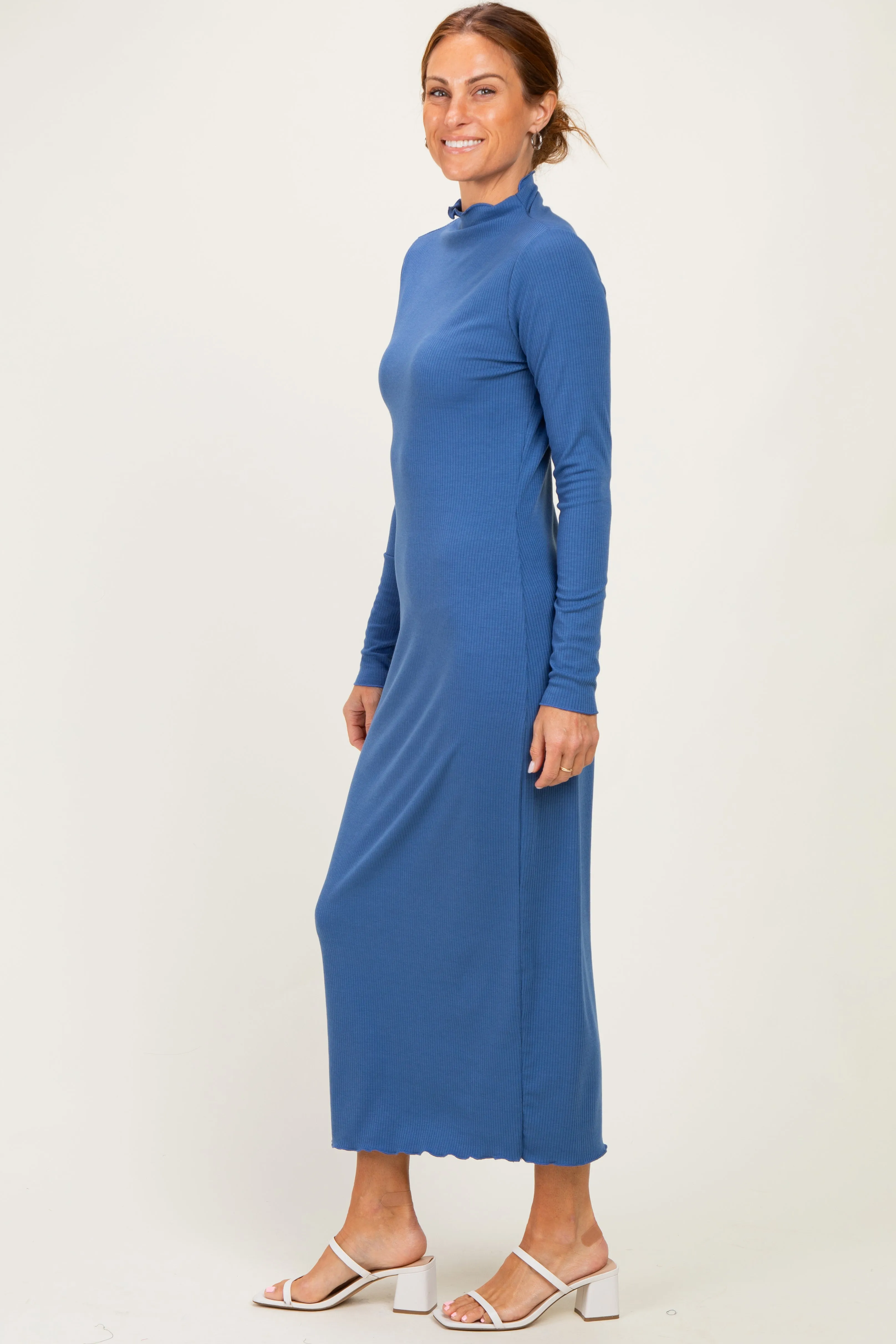Navy Ruffle Mock Neck Long Sleeve Midi Dress sold by Pinkblush product image thumbnail 2