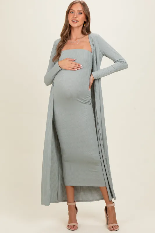 New Sage Ribbed Sleeveless Dress Cardigan Maternity Set made by Pinkblush
