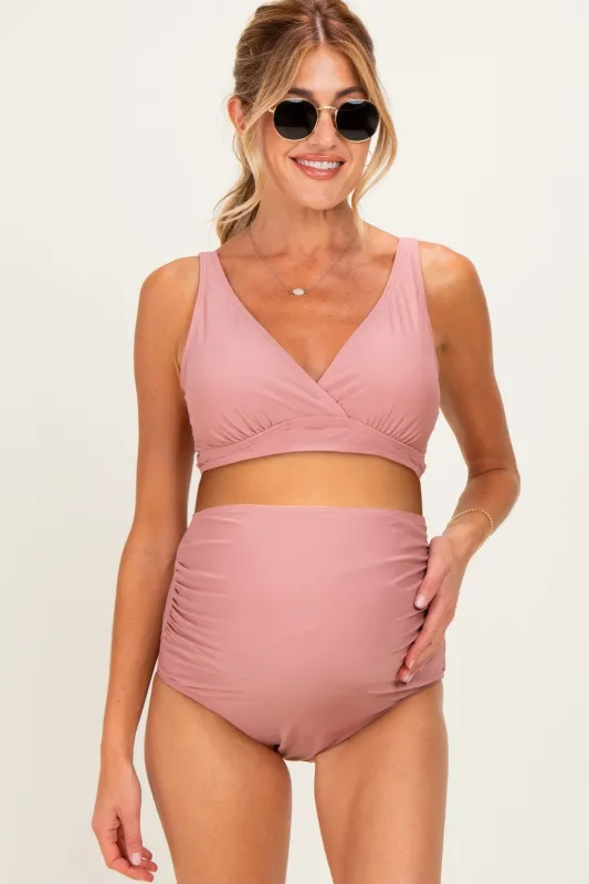Mauve Pink High Waist Maternity Bikini Set made by Pinkblush