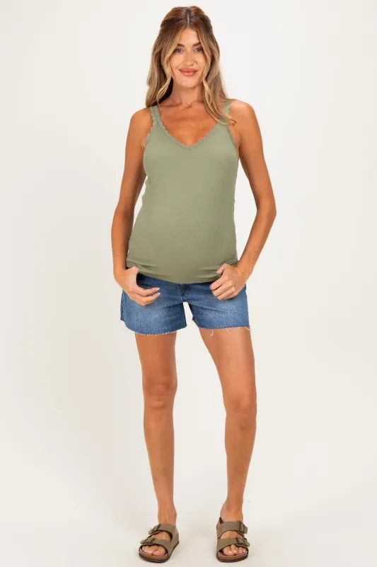 Blue Medium Wash Raw Hem Maternity Denim Shorts made by Vervet