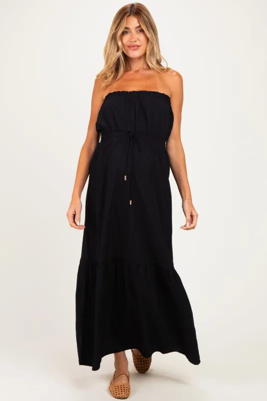 Black Strapless Cinched Waist Tie Maternity Maxi Dress made by Naked Zebra