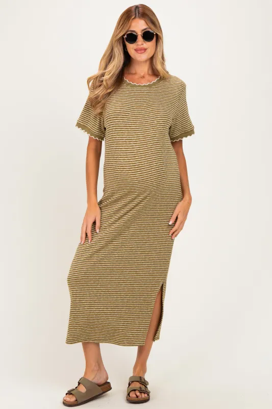 Olive Striped Knit Scallop Accent Maternity Maxi Dress made by Polagram