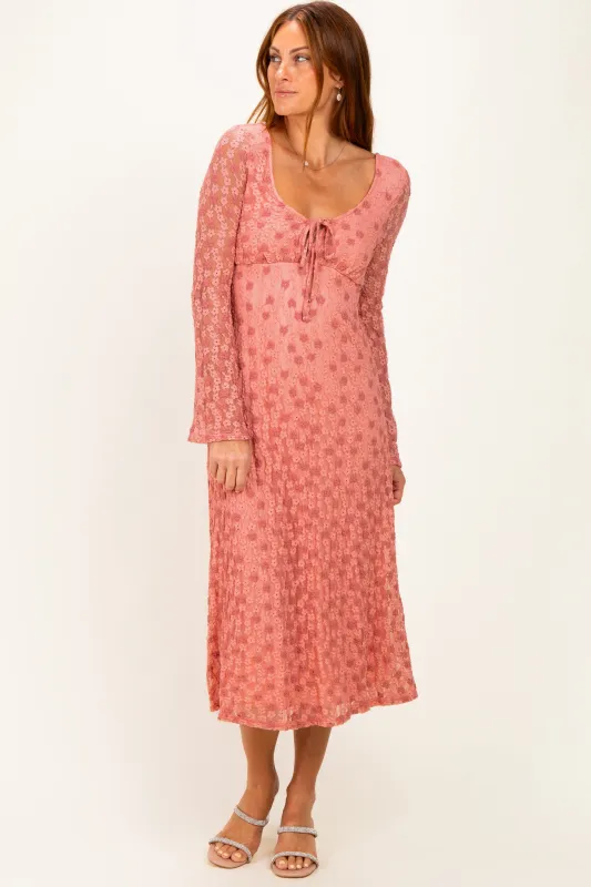 Pink Floral Lace Long Bell Sleeve Midi Dress made by Pinkblush