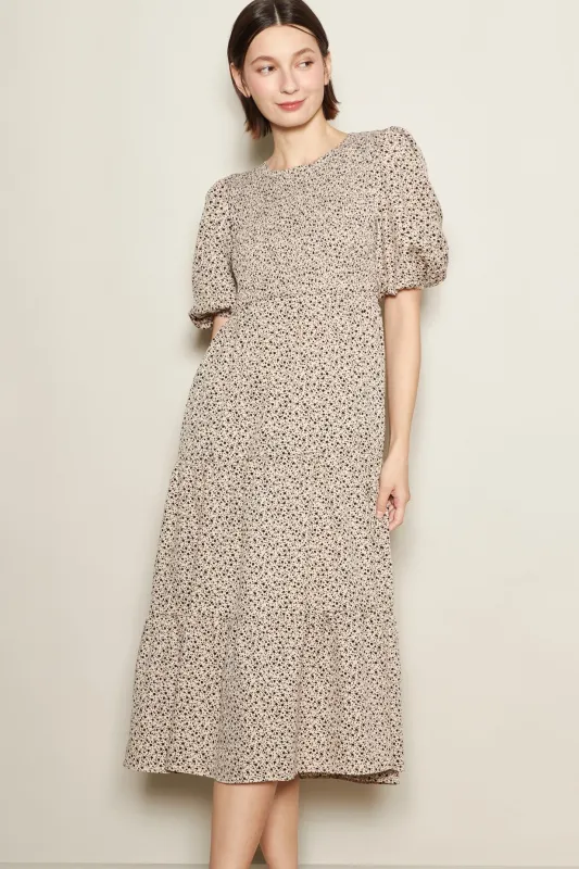 Light Taupe Floral Puff Sleeve Tiered Midi Dress made by Pinkblush