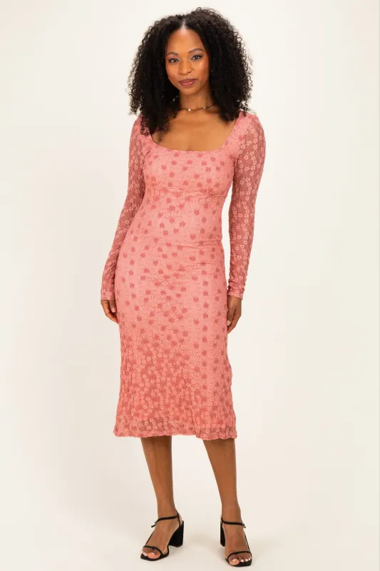 Pink Floral Lace Long Sleeve Square Neck Midi Dress made by Pinkblush