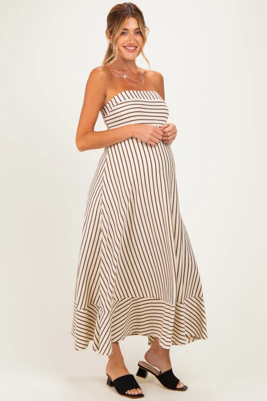 Cream Brown Striped Strapless A-Line Maternity Maxi Dress made by Klesis