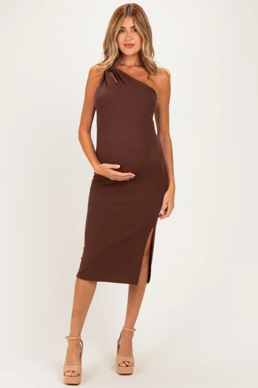 Brown One Shoulder Side Sit Maternity Midi Dress made by Gilli