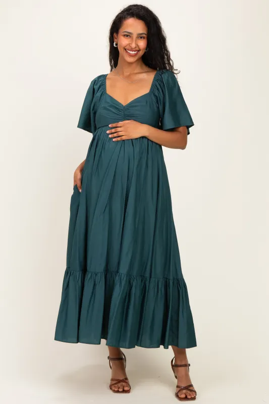 Emerald Flutter Sleeve Ruffle Hem Maternity Midi Dress made by In February