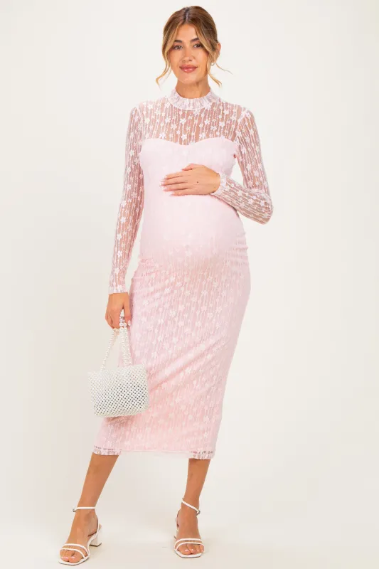 Light Pink Lace Mock Neck Long Sleeve Maternity Maxi Dress made by Pinkblush