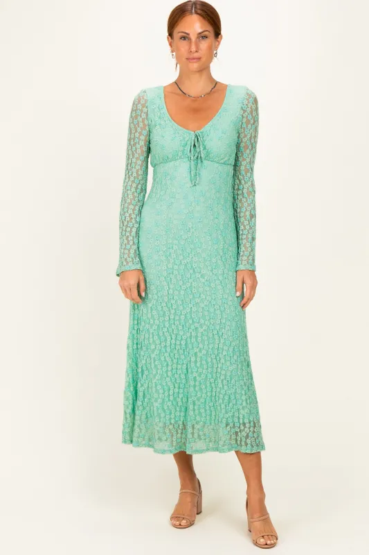 Mint Green Floral Lace Long Bell Sleeve Midi Dress made by Pinkblush