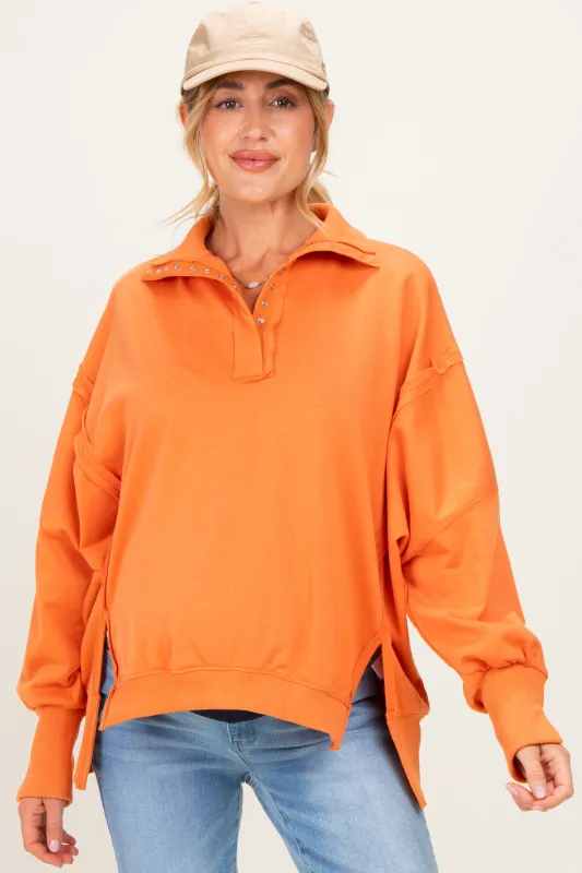 Orange Snap Button Pullover Henley Maternity Sweatshirt made by Pinkblush