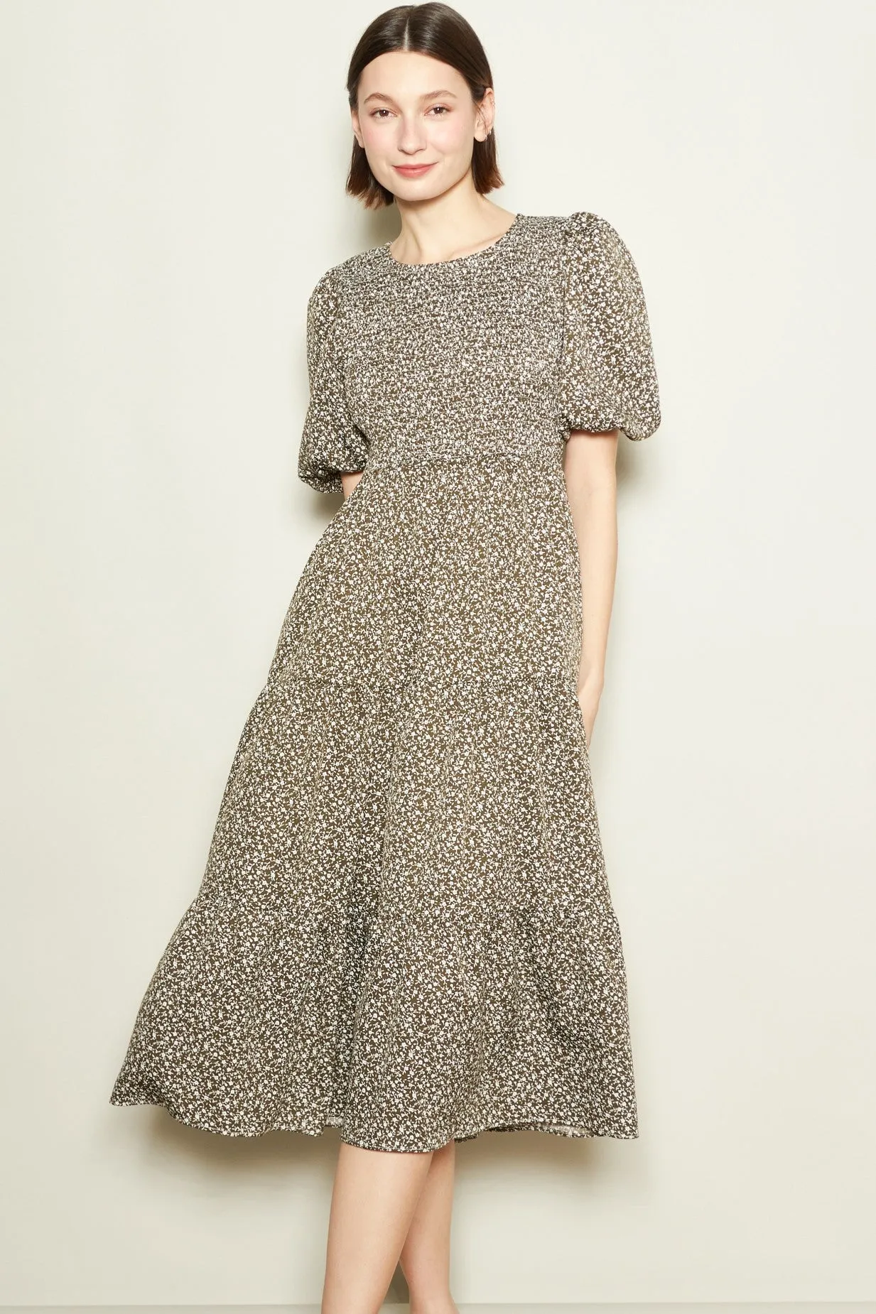 Olive Floral Puff Sleeve Tiered Midi Dress sold by Pinkblush