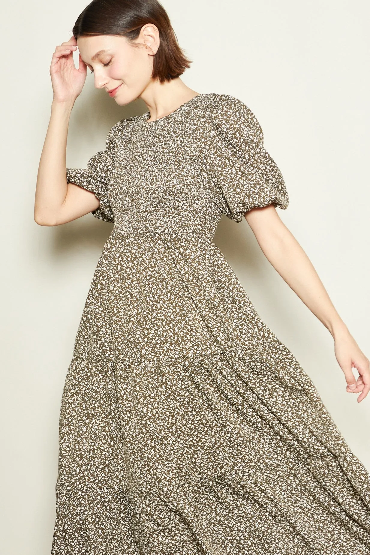 Olive Floral Puff Sleeve Tiered Midi Dress sold by Pinkblush product image thumbnail 2