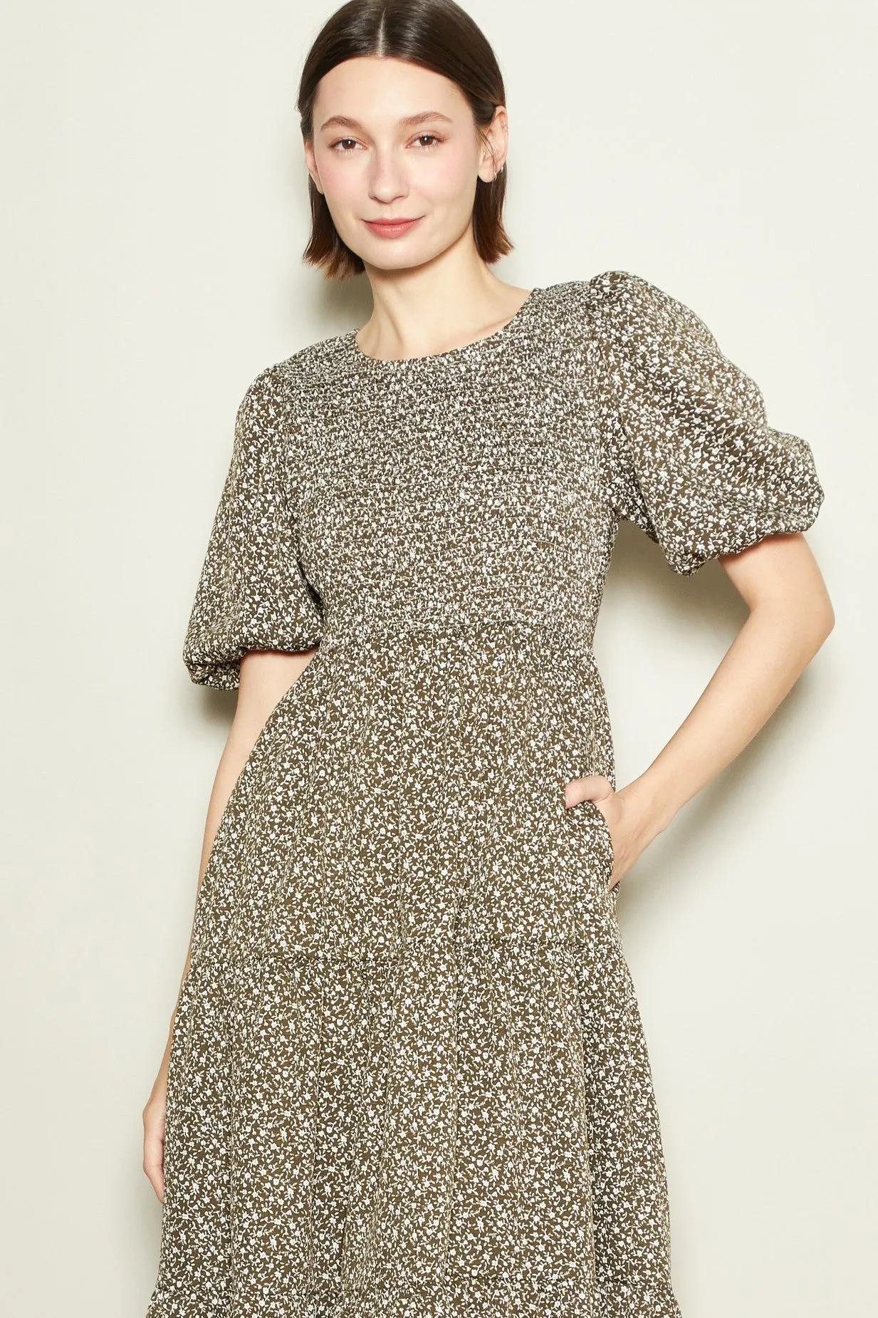 Olive Floral Puff Sleeve Tiered Midi Dress sold by Pinkblush product image thumbnail 3