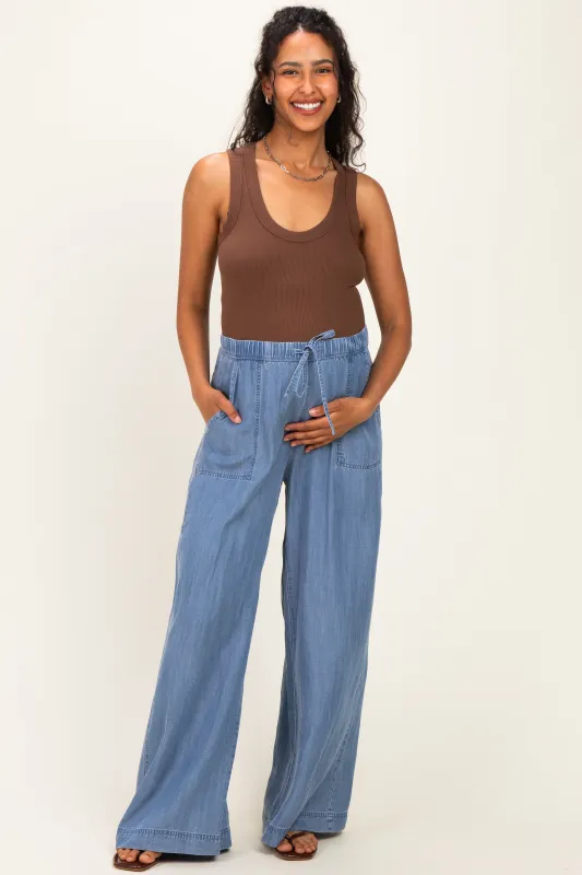 Medium Wash Chambray Wide Leg Maternity Pants made by BE COOL