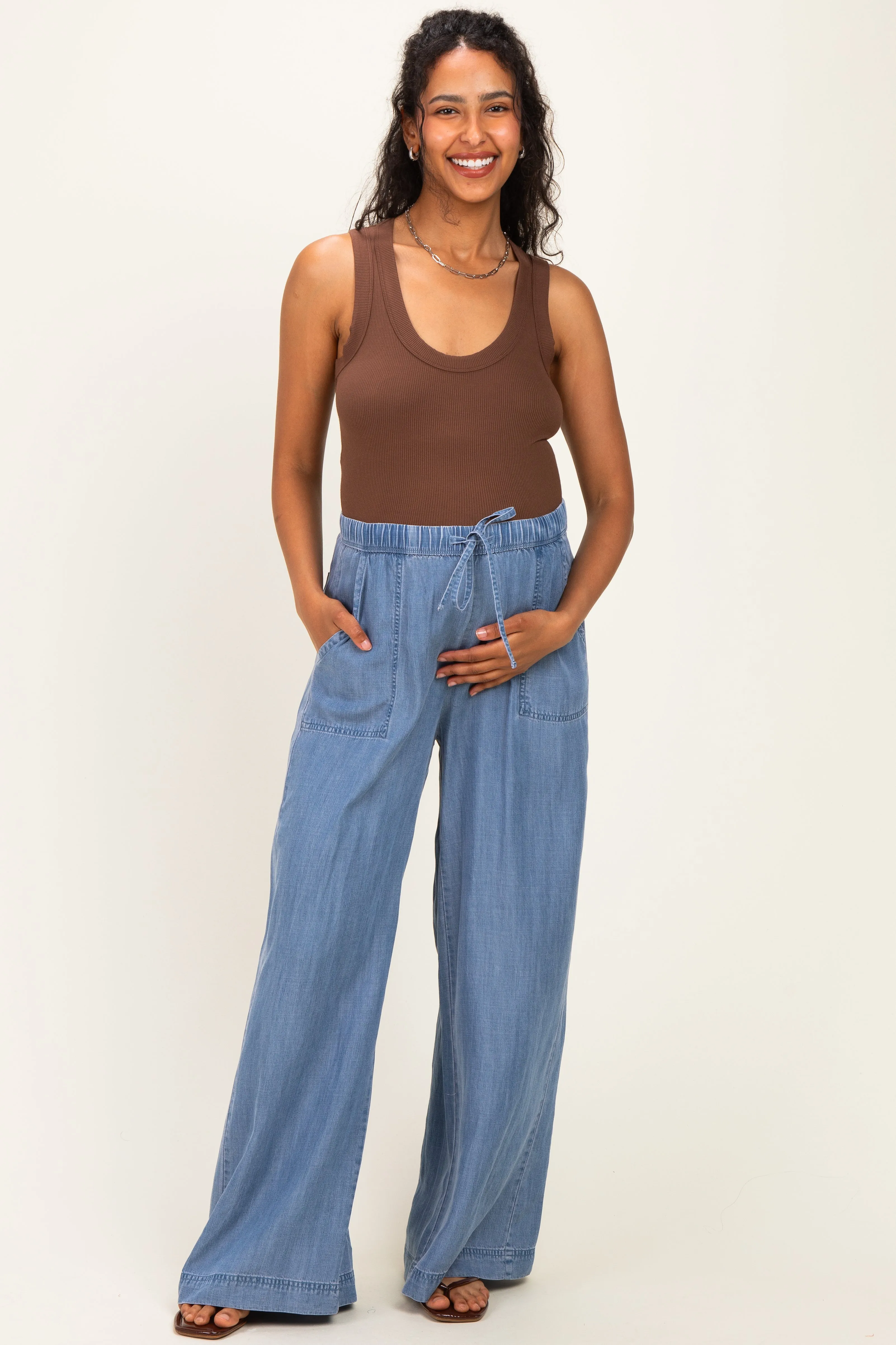 Medium Wash Chambray Wide Leg Maternity Pants sold by Pinkblush