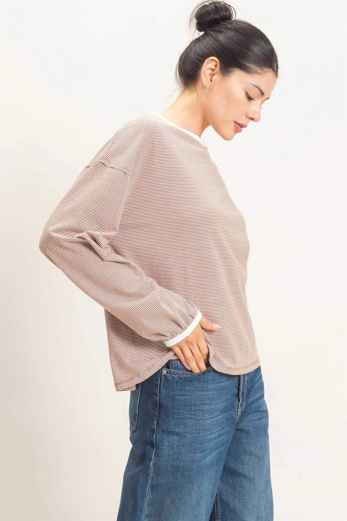 Brick Striped Boat Neck Long Sleeve Top sold by Pinkblush product image thumbnail 2