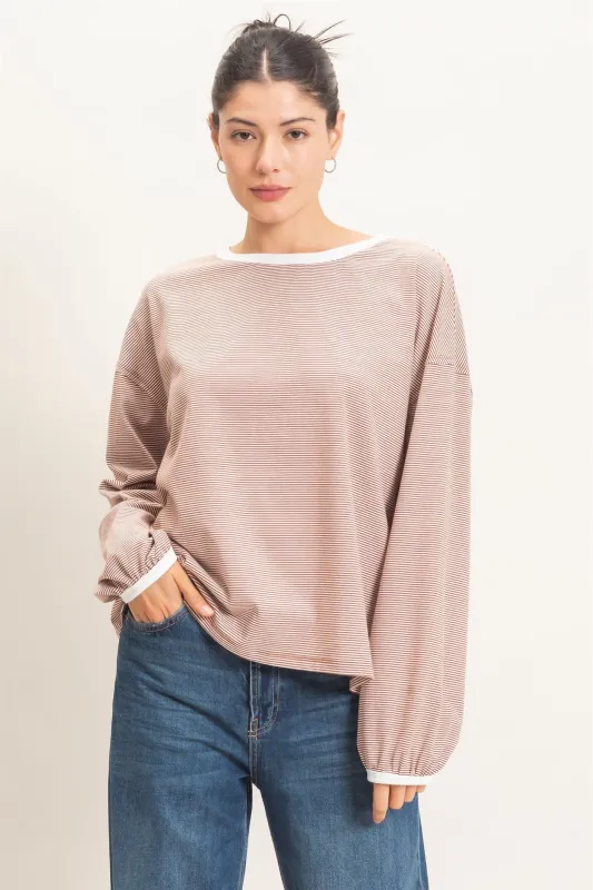 Brick Striped Boat Neck Long Sleeve Top made by HYFVE