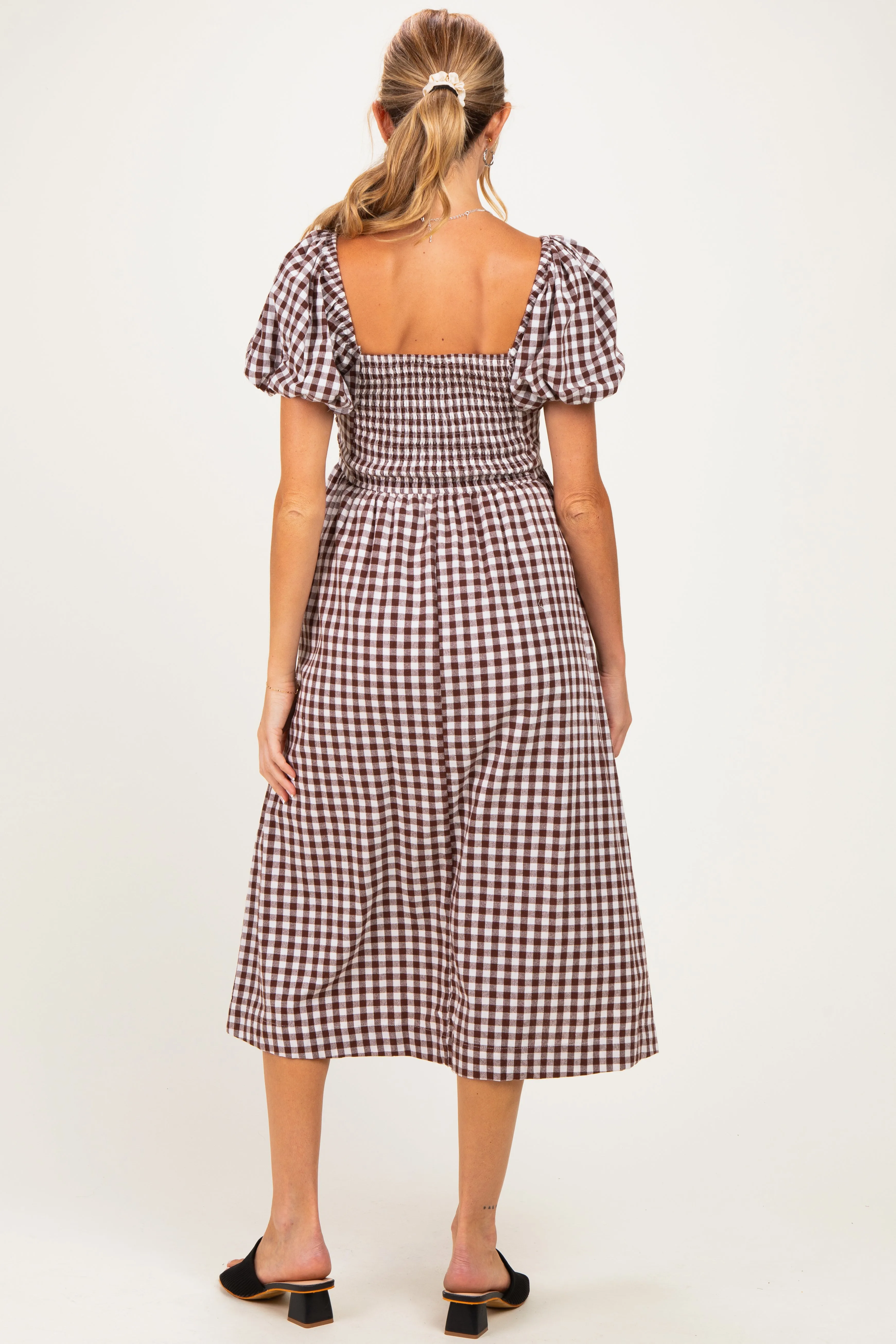 Brown Gingham Lace Trim Puff Sleeve Maternity Midi Dress sold by Pinkblush product image thumbnail 3