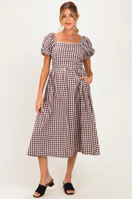 Brown Gingham Lace Trim Puff Sleeve Maternity Midi Dress made by So Me