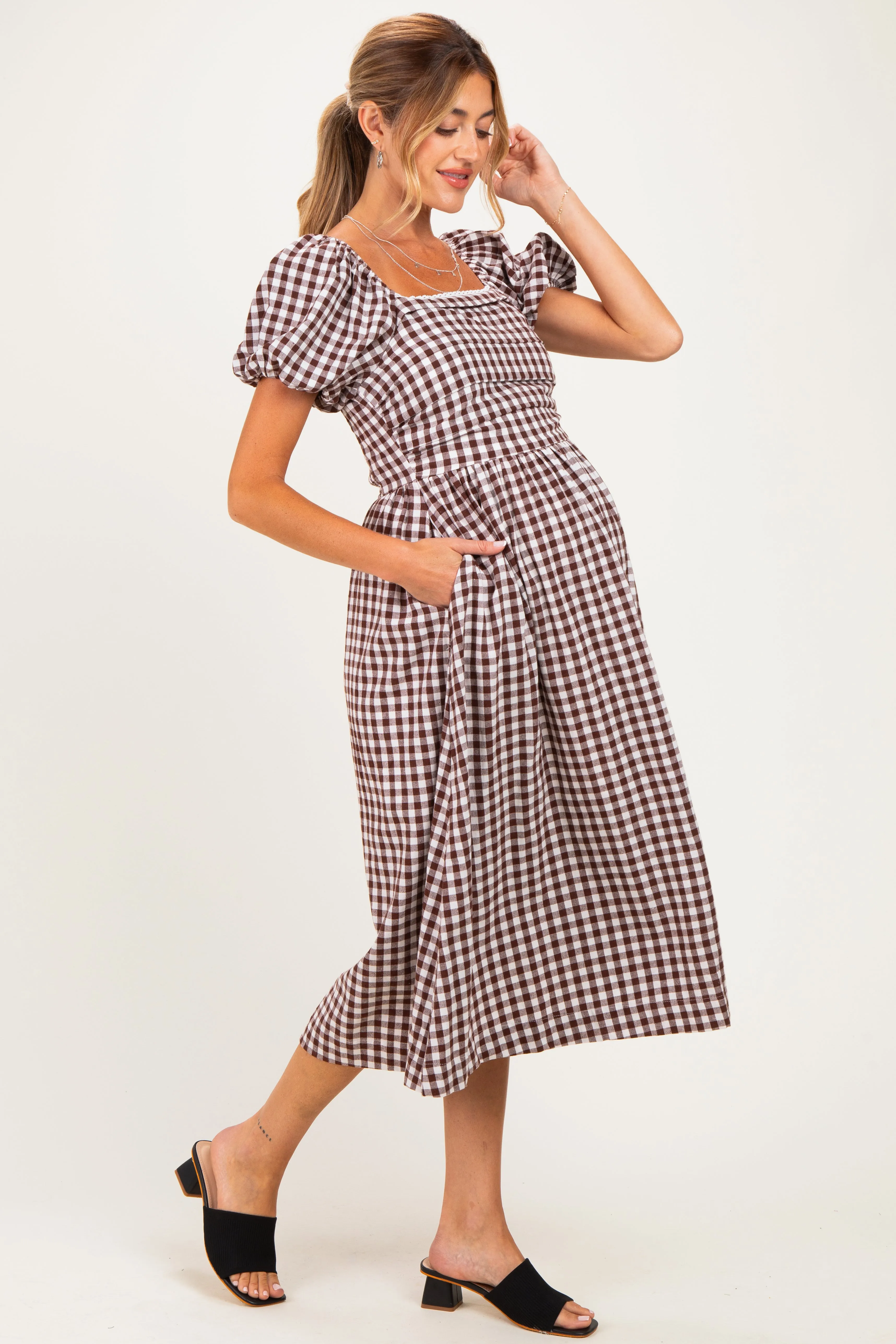 Brown Gingham Lace Trim Puff Sleeve Maternity Midi Dress sold by Pinkblush product image thumbnail 2