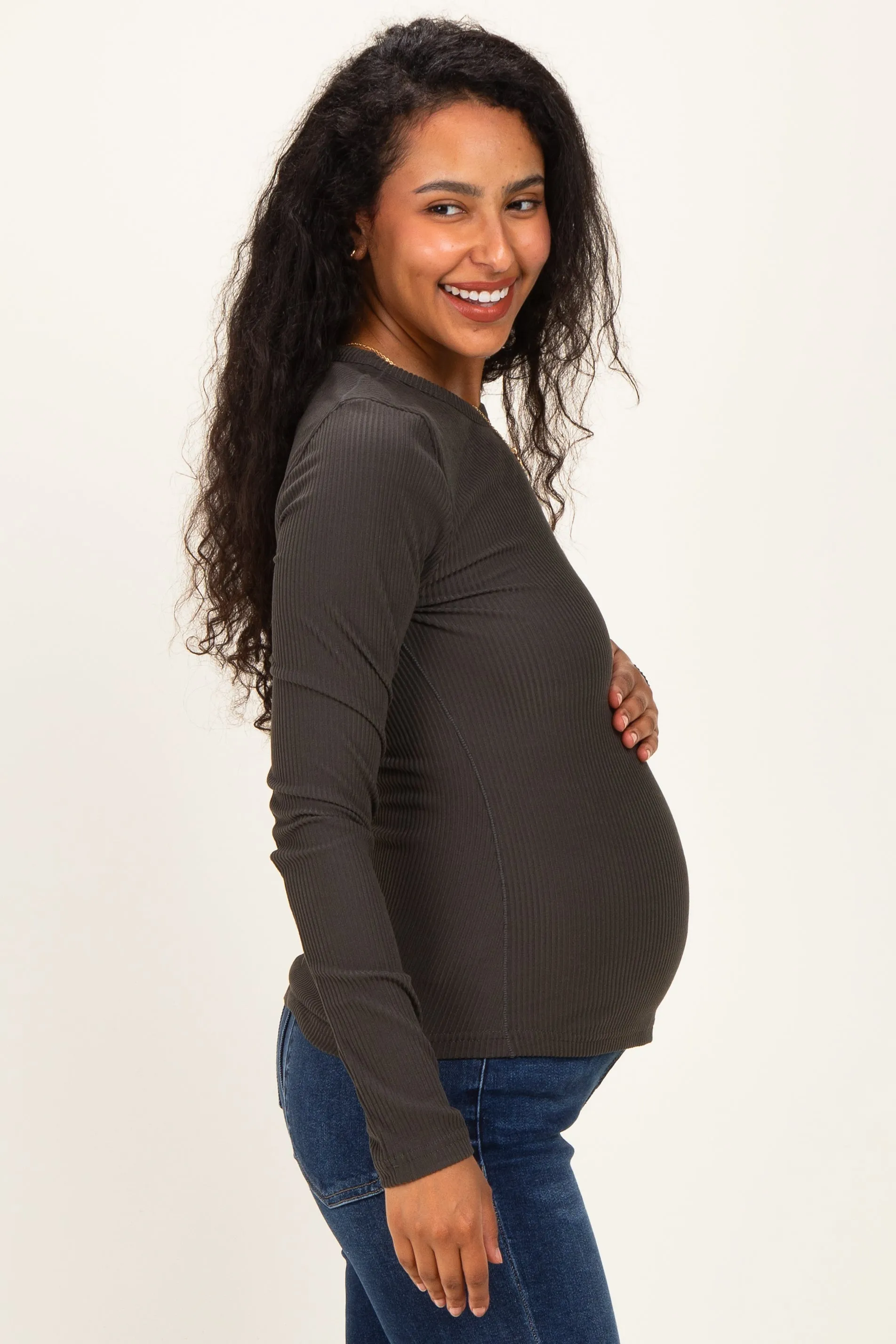 Charcoal Smoke Brushed Rib Knit Maternity Long Sleeve Top sold by Pinkblush product image thumbnail 3