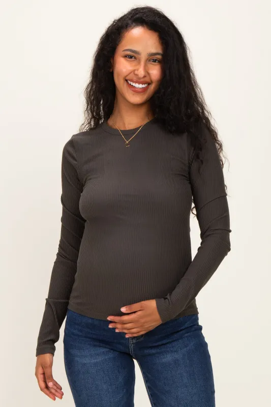 Charcoal Smoke Brushed Rib Knit Maternity Long Sleeve Top made by Umgee