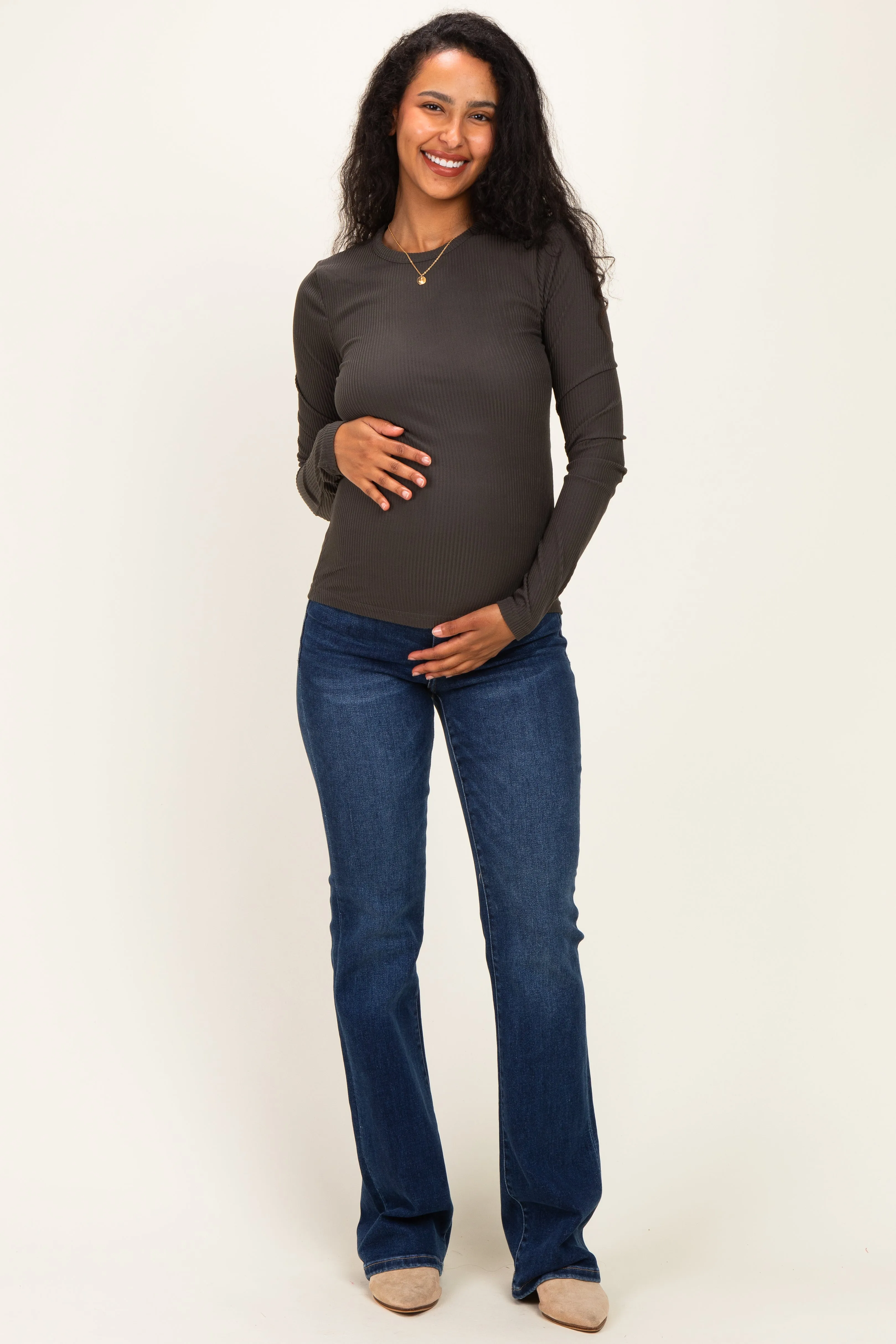Charcoal Smoke Brushed Rib Knit Maternity Long Sleeve Top sold by Pinkblush product image thumbnail 2
