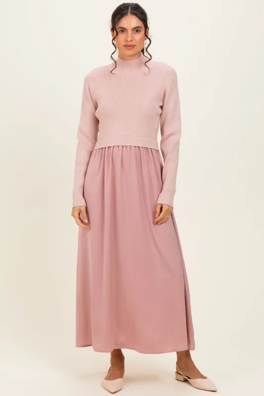 Mauve Knit Contrast Top Satin Midi Dress made by tea n rose