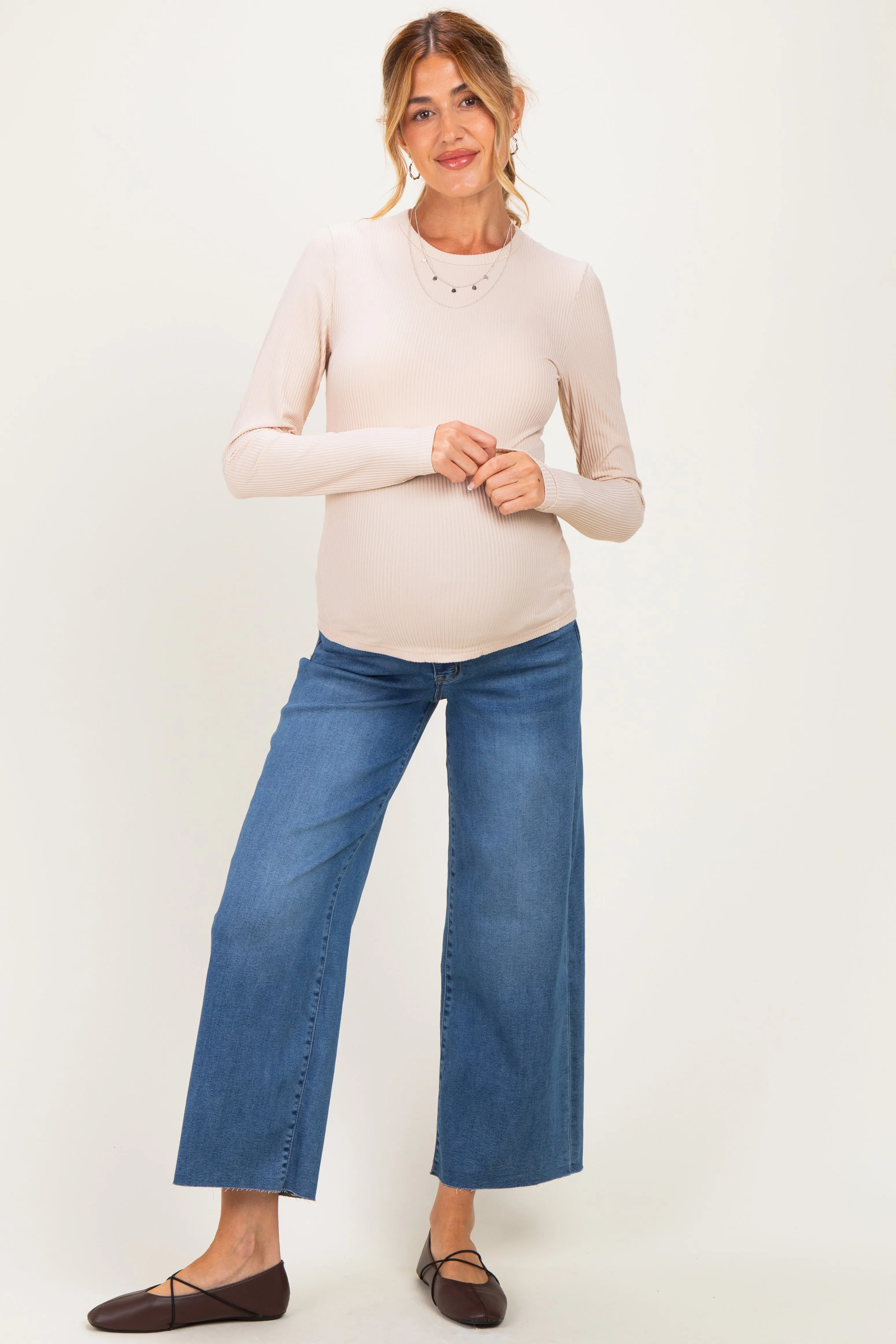 Blue Raw Hem Cropped Wide Leg Maternity Jeans sold by Pinkblush