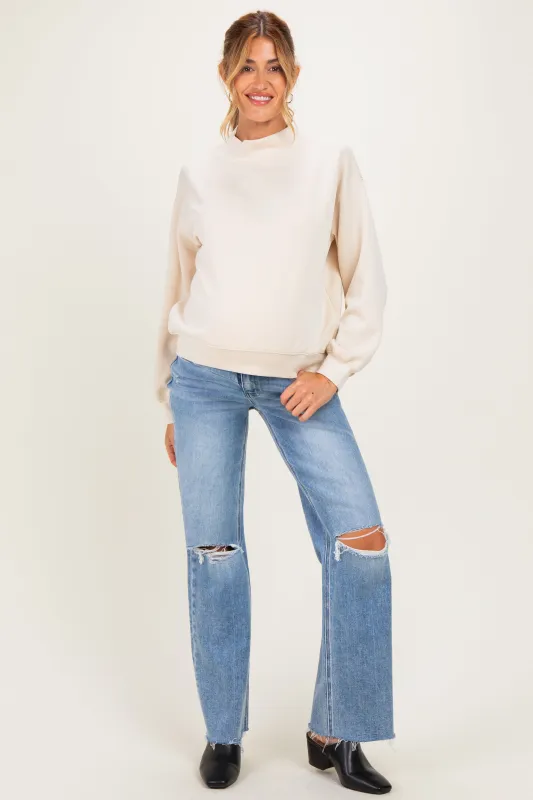Light Blue Distressed Open Knee Cut Hem Maternity Wide Leg Jeans made by Vervet