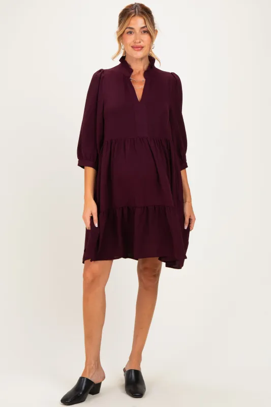 Eggplant Ruffle Split Neck Tiered Maternity Dress made by Staccato
