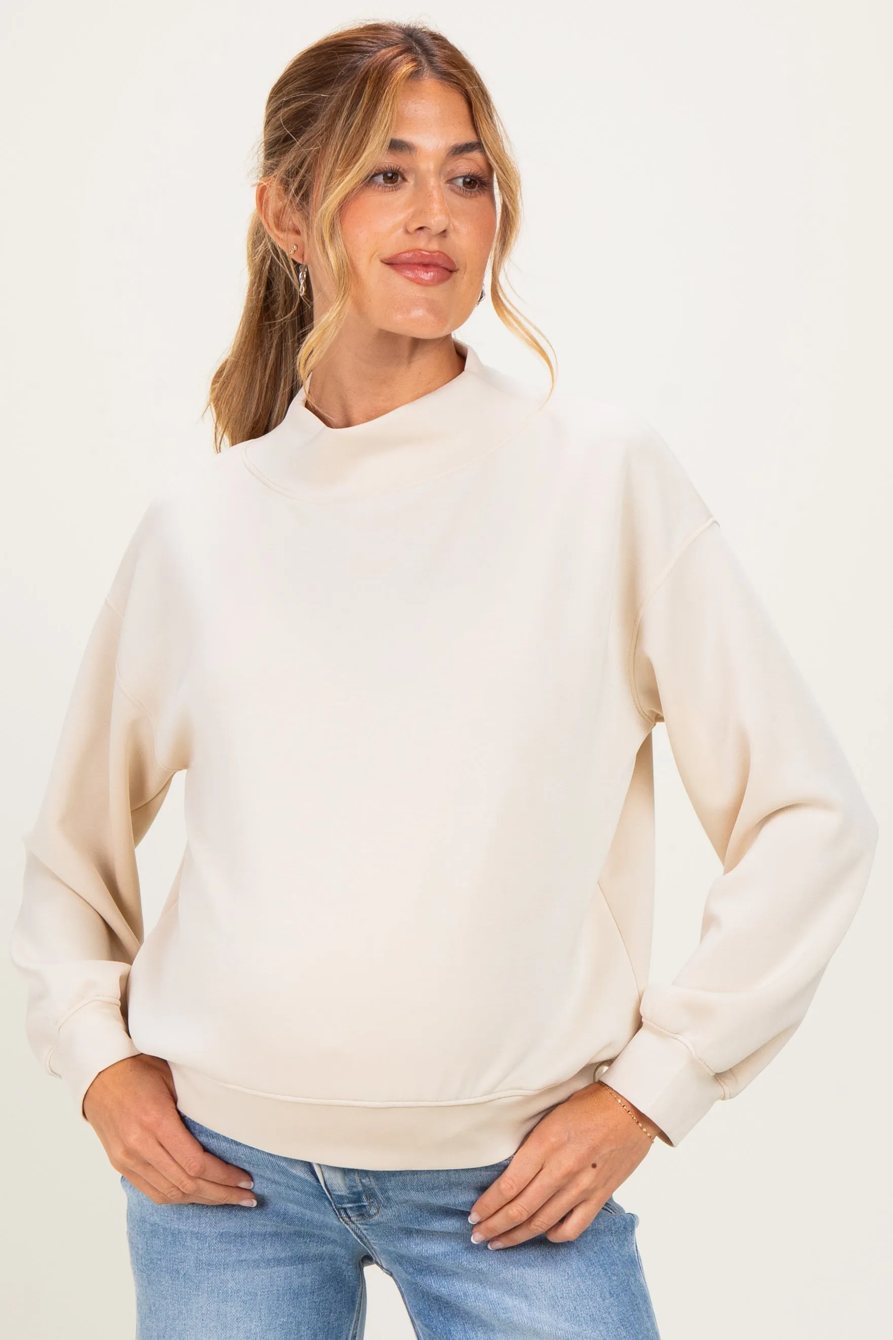 Cream Mock Neck Drop Shoulder Maternity Sweatshirt sold by Pinkblush