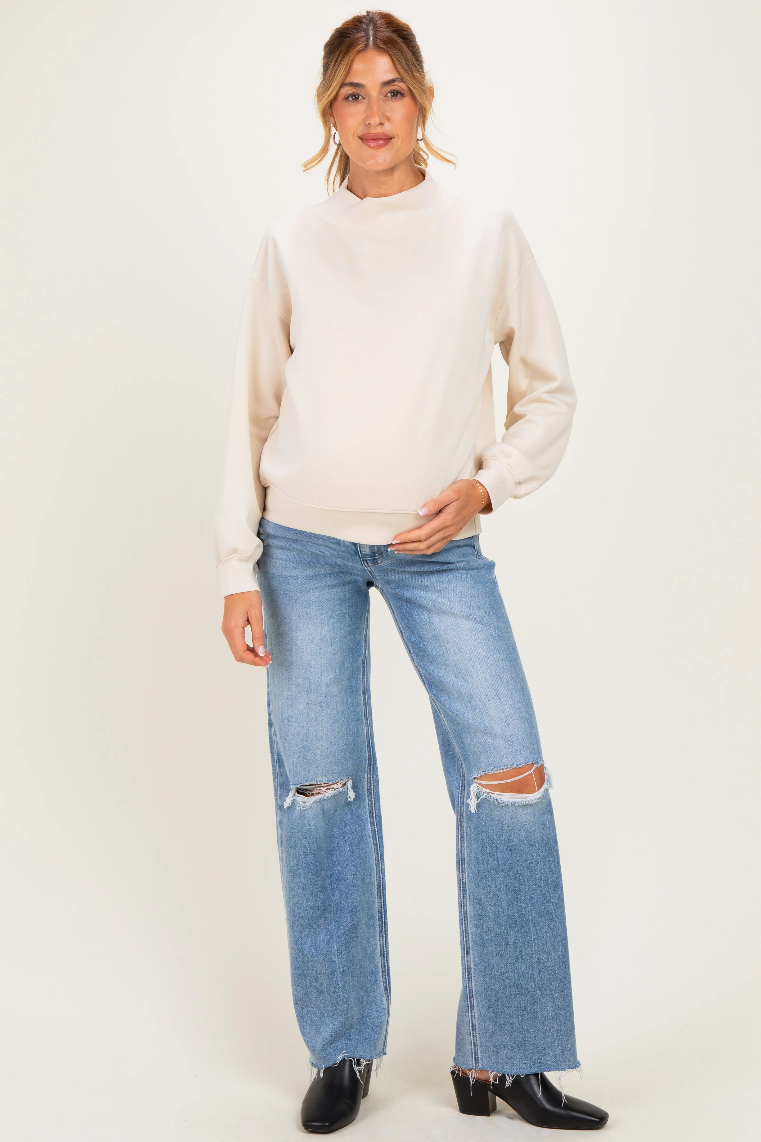 Cream Mock Neck Drop Shoulder Maternity Sweatshirt sold by Pinkblush product image thumbnail 2