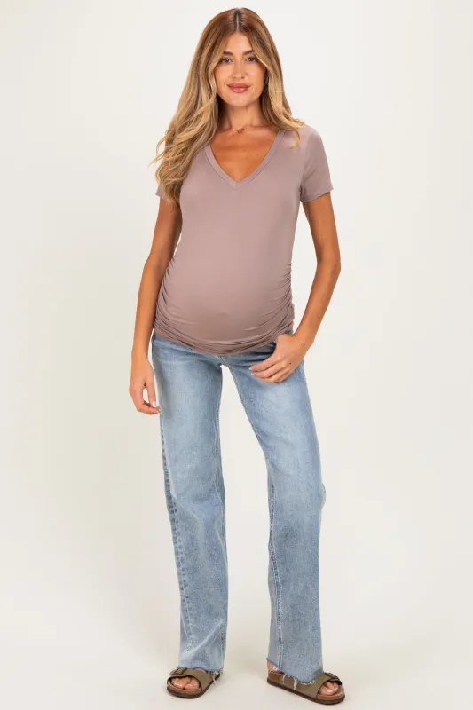 Light Blue Raw Hem Slim Wide Leg Maternity Jeans made by Vervet