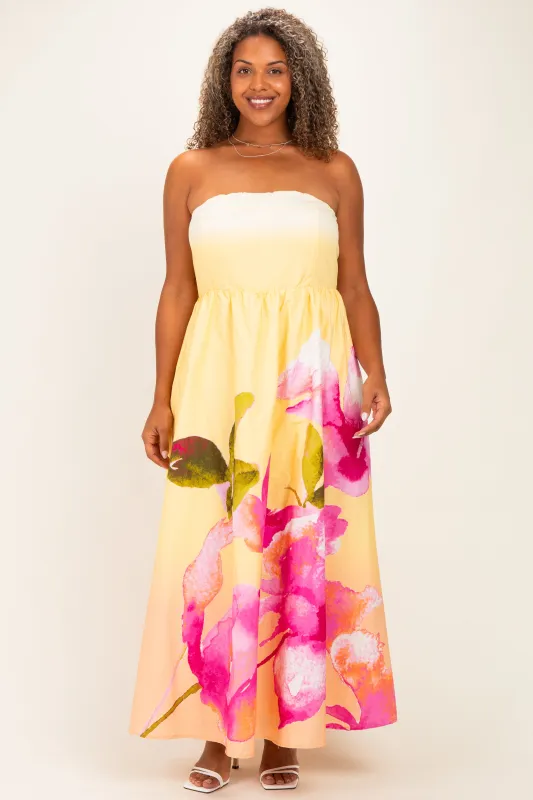 Light Yellow Floral Strapless Plus Maxi Dress made by Flying Tomato