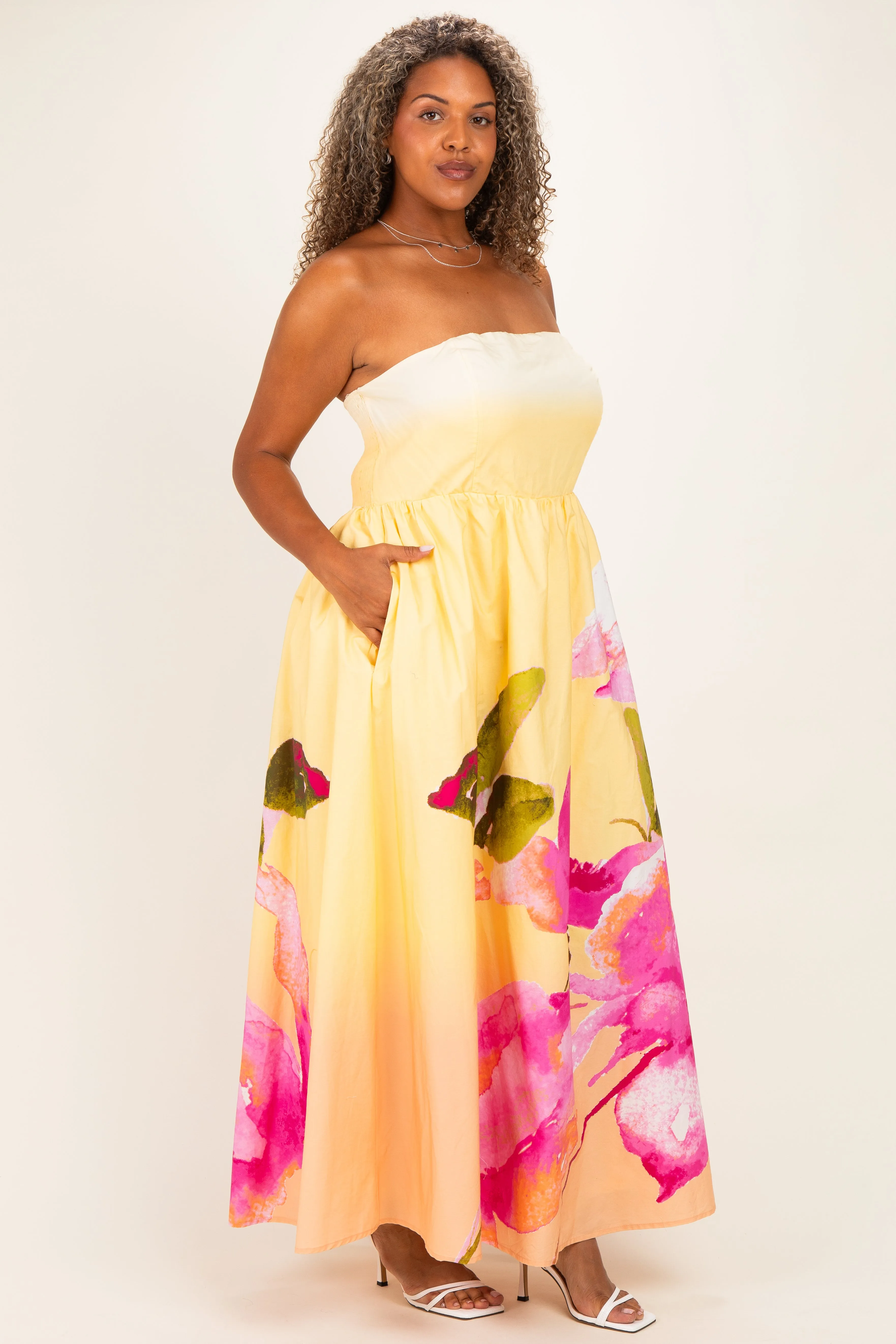 Light Yellow Floral Strapless Plus Maxi Dress sold by Pinkblush product image thumbnail 2