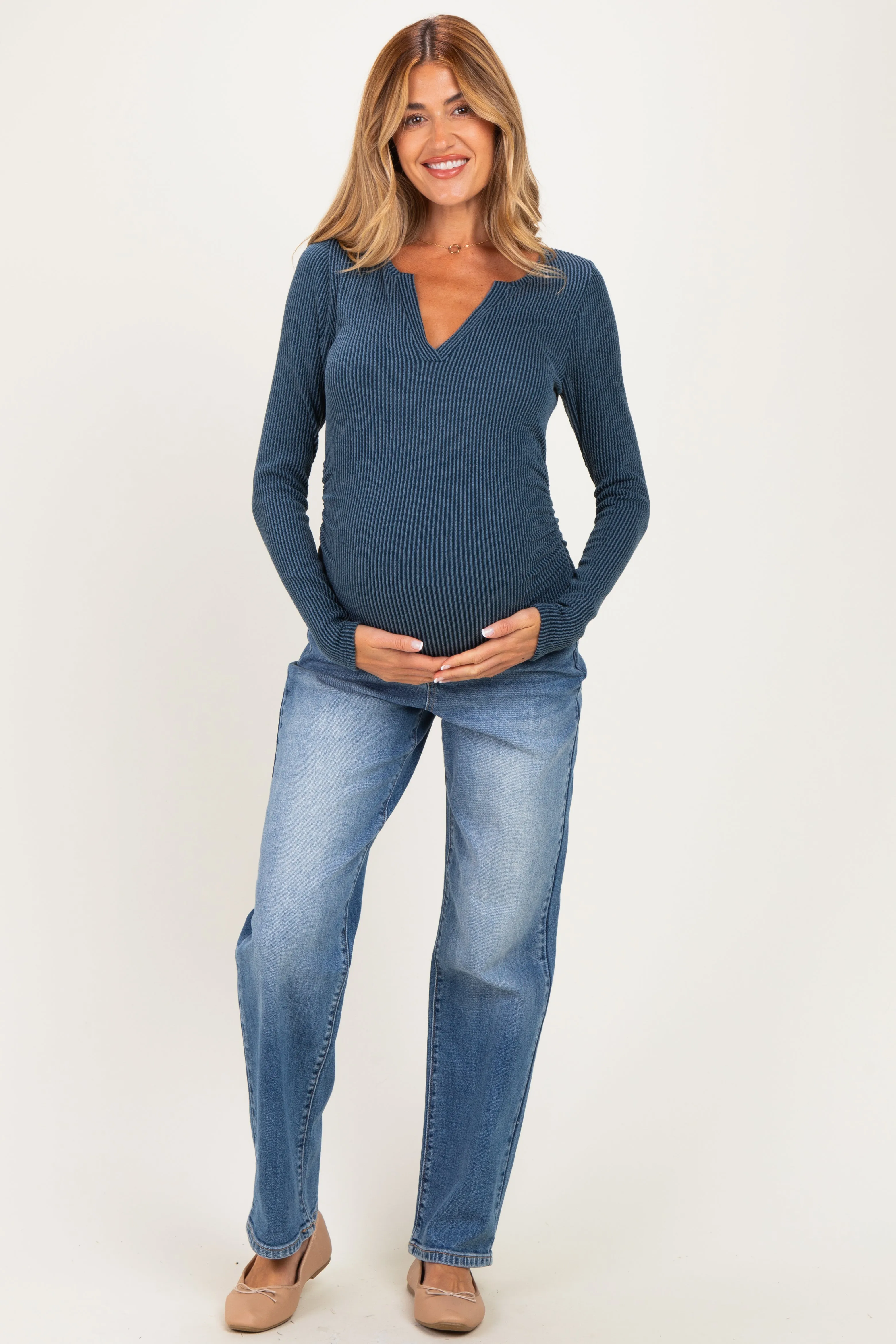 Hunter Green Ribbed V-Neck Long Sleeve Maternity Top sold by Pinkblush product image thumbnail 3
